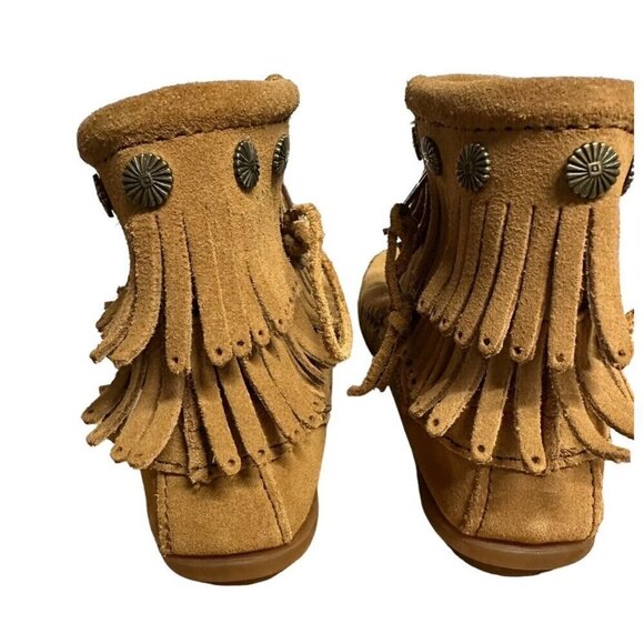 Minnetonka Double Fringe Boot Moccasin Side Zip Womens Sz 7 Tan Suede 697T Boho - Picture 4 of 7